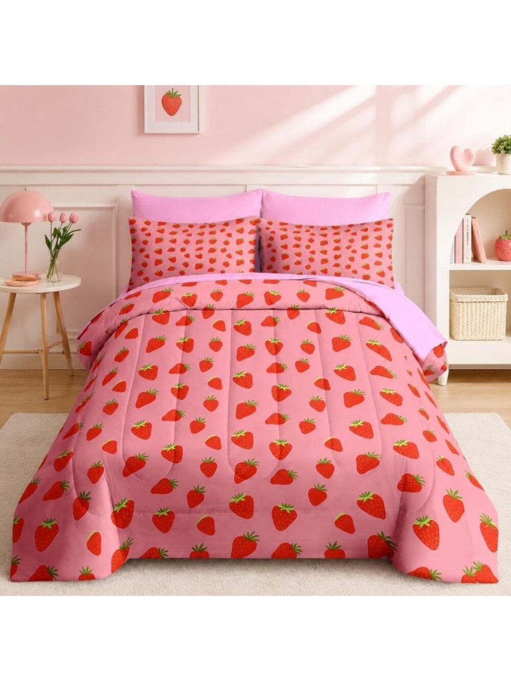 Girls Strawberry Twin Comforter Set, 5-Piece Bedding for Kids, Cute Floral